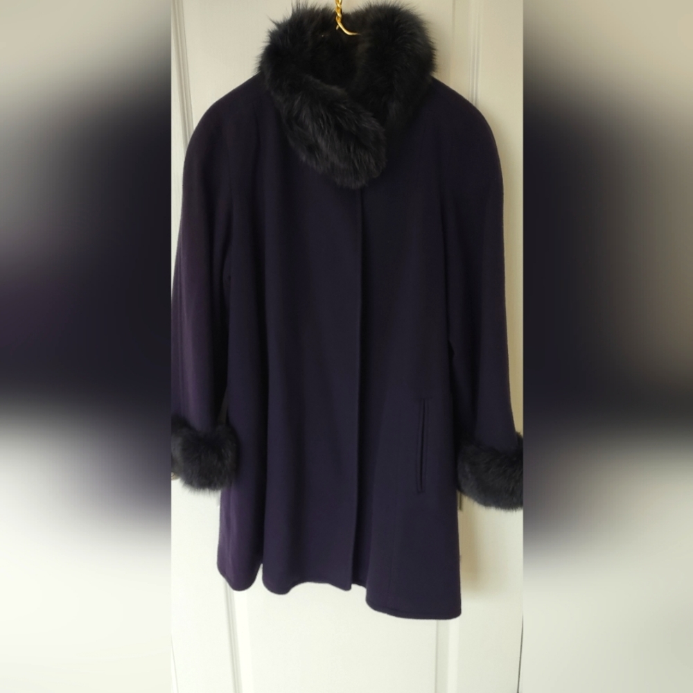 100% Cashmere Coat in Cobalt Blue w/Norwegian Fox Collar & Cuffs